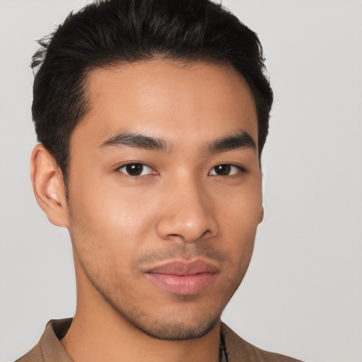 Neutral asian young-adult male with short  brown hair and brown eyes