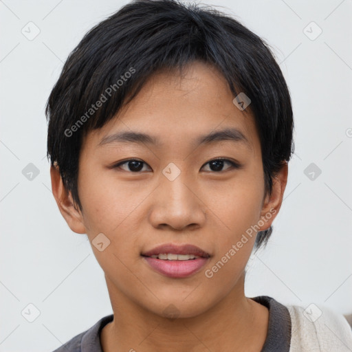 Joyful asian young-adult female with short  black hair and brown eyes