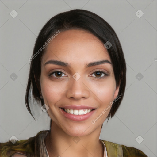 Joyful white young-adult female with medium  brown hair and brown eyes