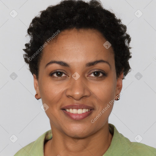 Joyful black young-adult female with short  brown hair and brown eyes