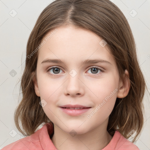 Joyful white child female with medium  brown hair and brown eyes