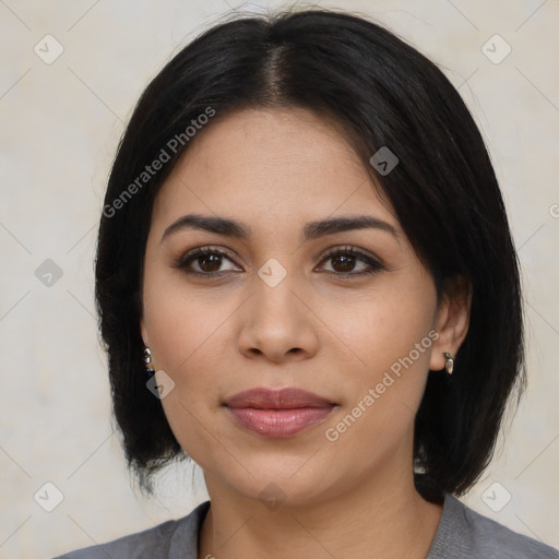 Joyful latino young-adult female with medium  black hair and brown eyes