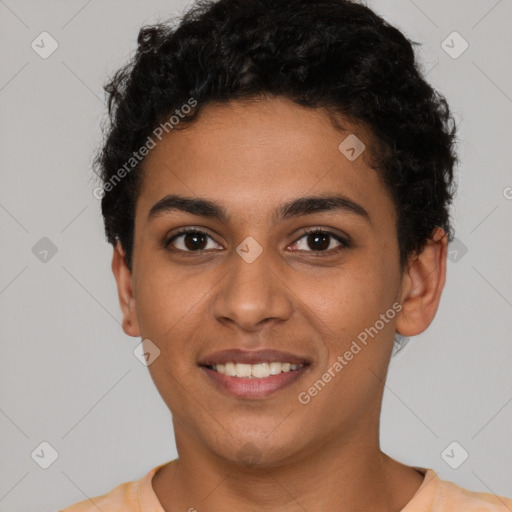 Joyful latino young-adult female with short  brown hair and brown eyes