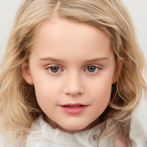 Neutral white child female with medium  brown hair and blue eyes