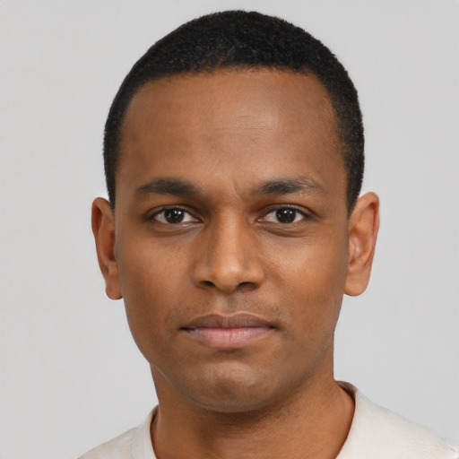 Neutral black young-adult male with short  black hair and brown eyes