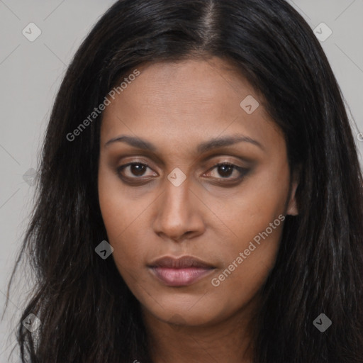 Neutral asian young-adult female with long  brown hair and brown eyes