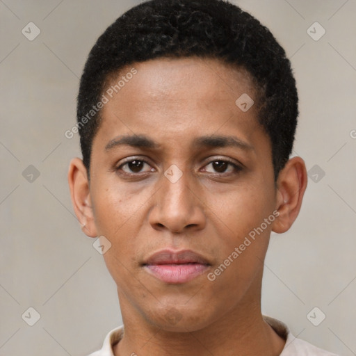 Neutral black young-adult male with short  black hair and brown eyes