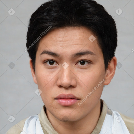 Neutral asian young-adult female with short  brown hair and brown eyes