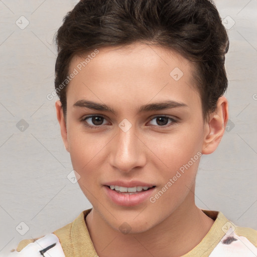 Joyful white young-adult female with short  brown hair and brown eyes