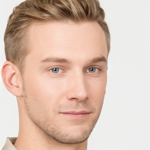 Neutral white young-adult male with short  brown hair and grey eyes