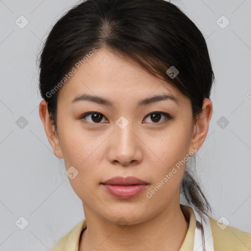 Neutral white young-adult female with medium  brown hair and brown eyes