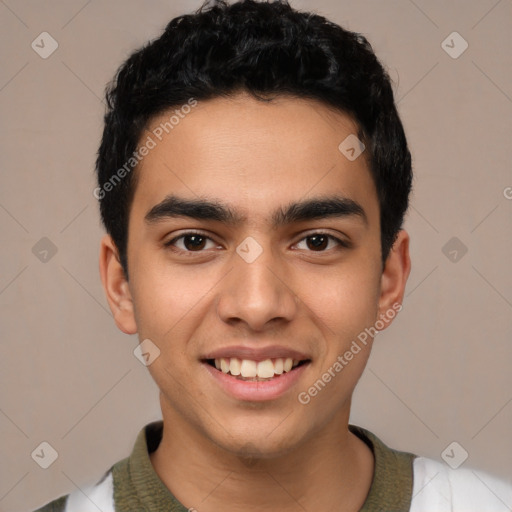 Joyful latino young-adult male with short  black hair and brown eyes