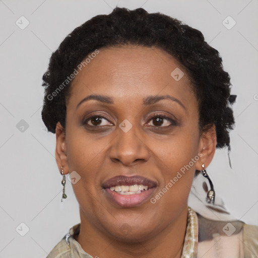 Joyful latino adult female with short  brown hair and brown eyes