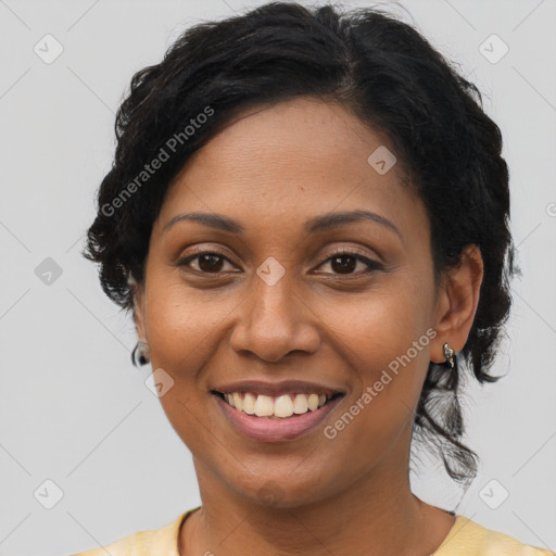 Joyful latino young-adult female with medium  black hair and brown eyes