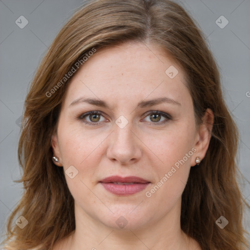 Joyful white young-adult female with long  brown hair and grey eyes