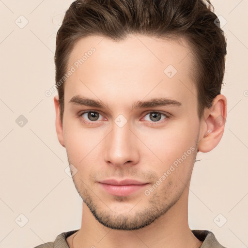 Neutral white young-adult male with short  brown hair and brown eyes