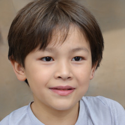 Joyful white child female with short  brown hair and brown eyes