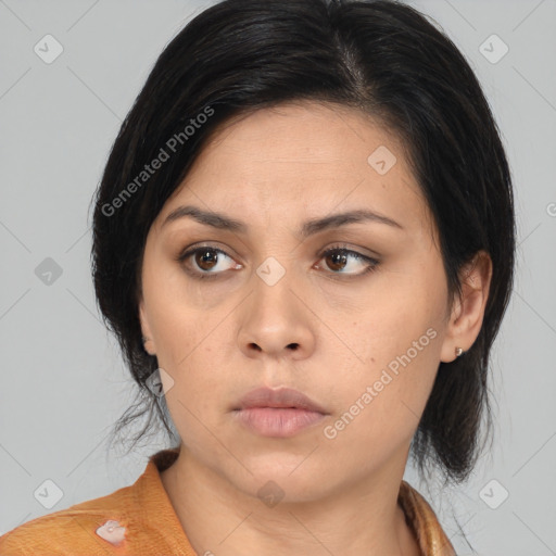 Neutral asian young-adult female with medium  brown hair and brown eyes