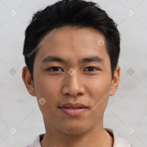 Neutral asian young-adult male with short  brown hair and brown eyes