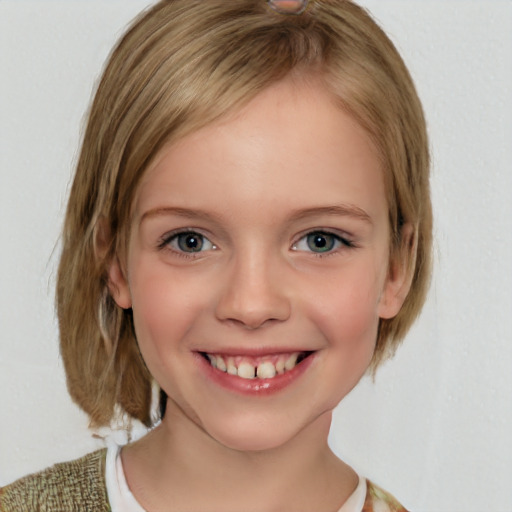 Joyful white child female with medium  brown hair and grey eyes