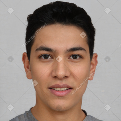 Joyful white young-adult male with short  black hair and brown eyes