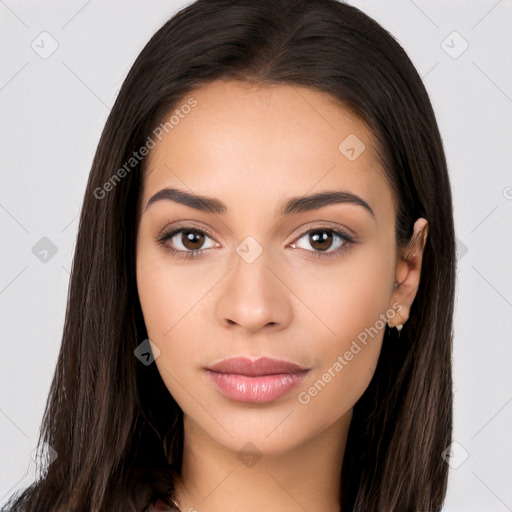 Neutral white young-adult female with long  brown hair and brown eyes