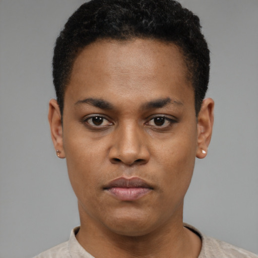 Neutral black young-adult female with short  brown hair and brown eyes