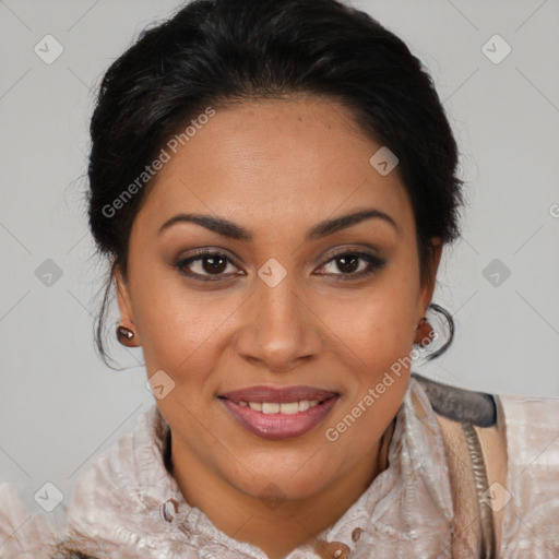 Joyful latino young-adult female with medium  brown hair and brown eyes