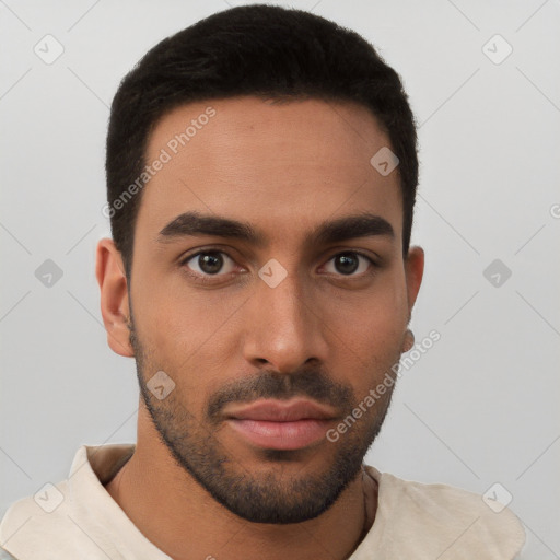 Neutral latino young-adult male with short  black hair and brown eyes