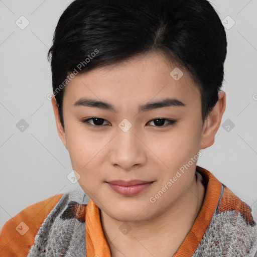Joyful asian young-adult female with short  black hair and brown eyes