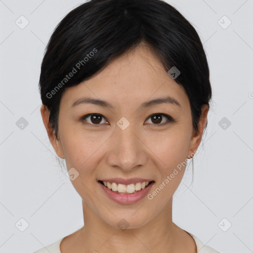 Joyful asian young-adult female with medium  brown hair and brown eyes