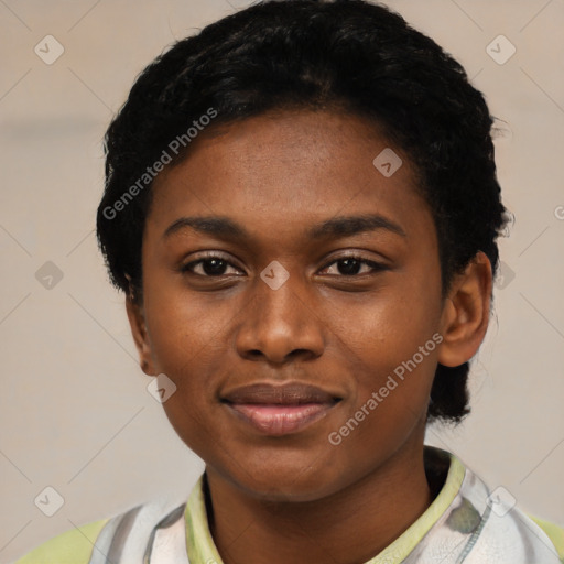 Joyful latino young-adult female with short  black hair and brown eyes