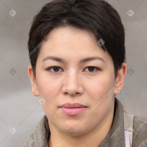 Joyful white young-adult female with short  brown hair and brown eyes