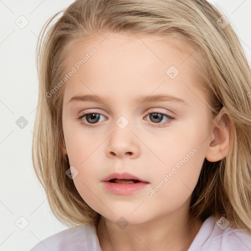 Neutral white child female with medium  brown hair and blue eyes