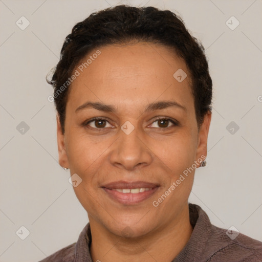 Joyful white adult female with short  brown hair and brown eyes