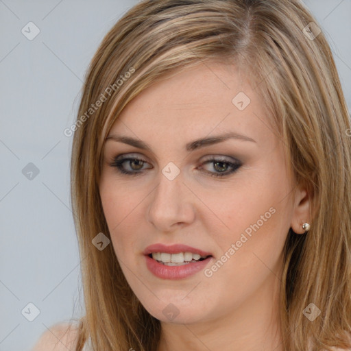 Joyful white young-adult female with long  brown hair and brown eyes