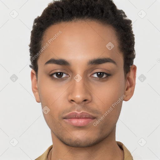 Neutral latino young-adult male with short  brown hair and brown eyes