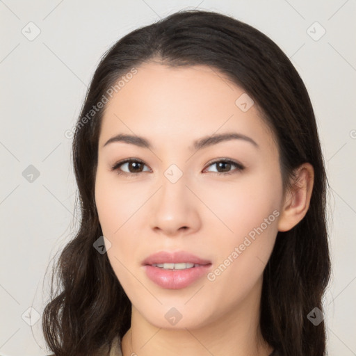 Neutral asian young-adult female with long  brown hair and brown eyes