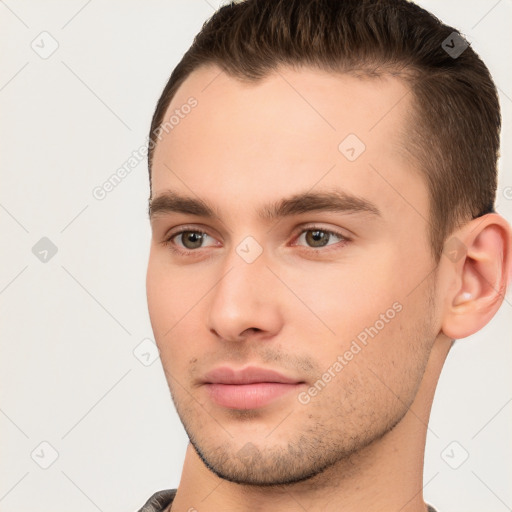 Neutral white young-adult male with short  brown hair and brown eyes