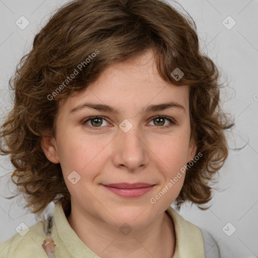 Joyful white young-adult female with medium  brown hair and green eyes