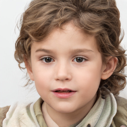 Joyful white child female with medium  brown hair and grey eyes