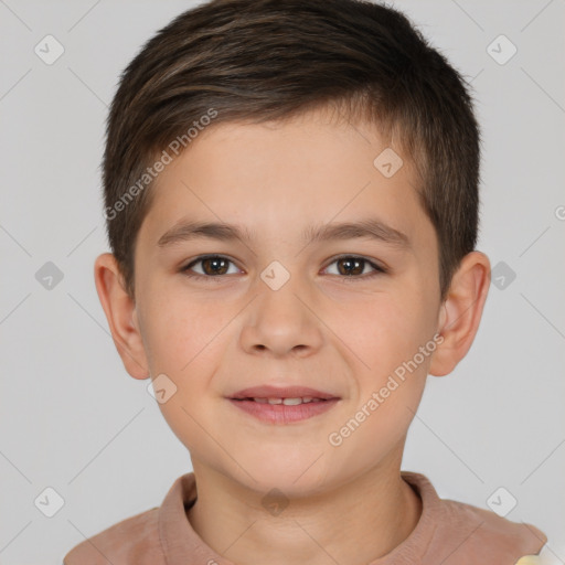 Joyful white child male with short  brown hair and brown eyes