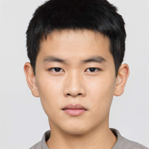 Neutral asian young-adult male with short  black hair and brown eyes