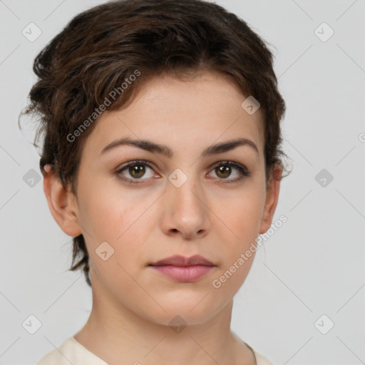 Neutral white young-adult female with short  brown hair and brown eyes