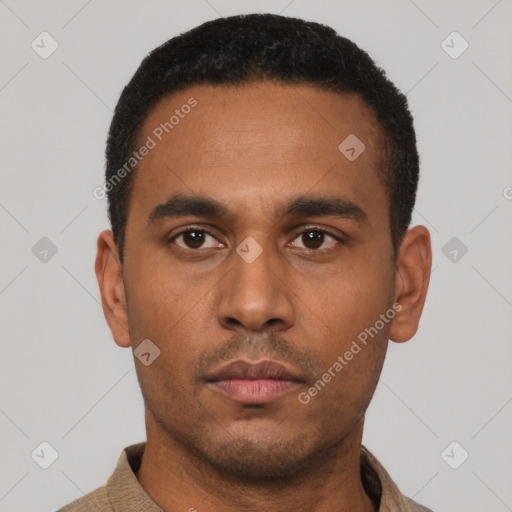Neutral latino young-adult male with short  black hair and brown eyes