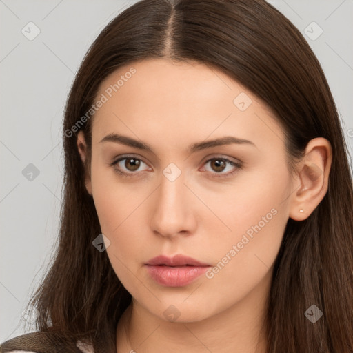 Neutral white young-adult female with long  brown hair and brown eyes