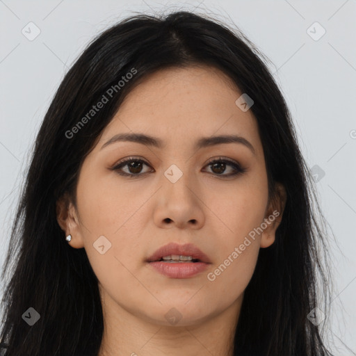 Neutral asian young-adult female with long  brown hair and brown eyes