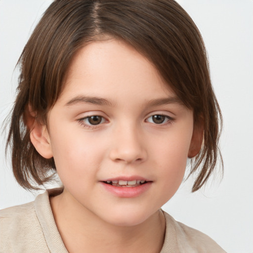 Joyful white child female with medium  brown hair and brown eyes