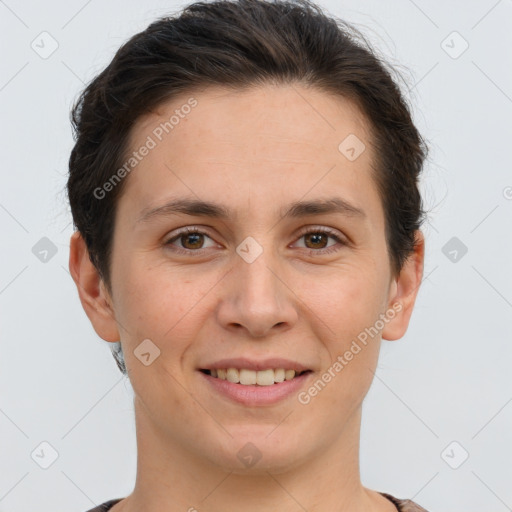 Joyful white young-adult female with short  brown hair and brown eyes