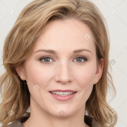 Joyful white young-adult female with long  brown hair and blue eyes